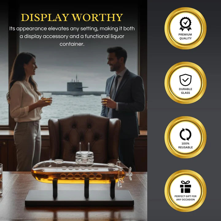 Submarine Whiskey & Wine Decanter Set - Wood Base 25oz