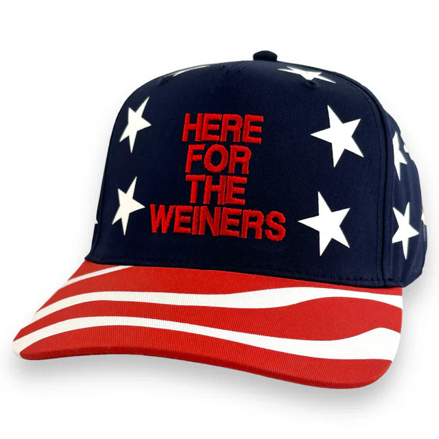 Custom Embroidered Red, White, and Blue American Flag Hat: Here for the Weiners
