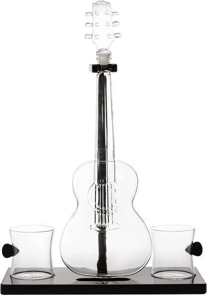 Guitar Whiskey & Wine Decanter & Mahogany Base - 1000 ML Glass Decanter with 2 10oz Glasses 14" For Whiskey Music Lover & Guitar Player Gifts Musician Music Lovers