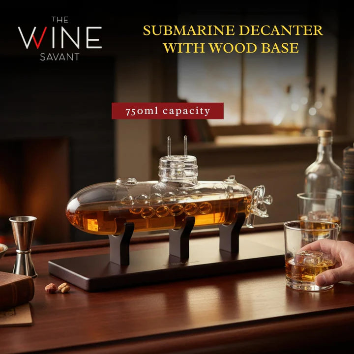 Submarine Whiskey & Wine Decanter Set - Wood Base 25oz