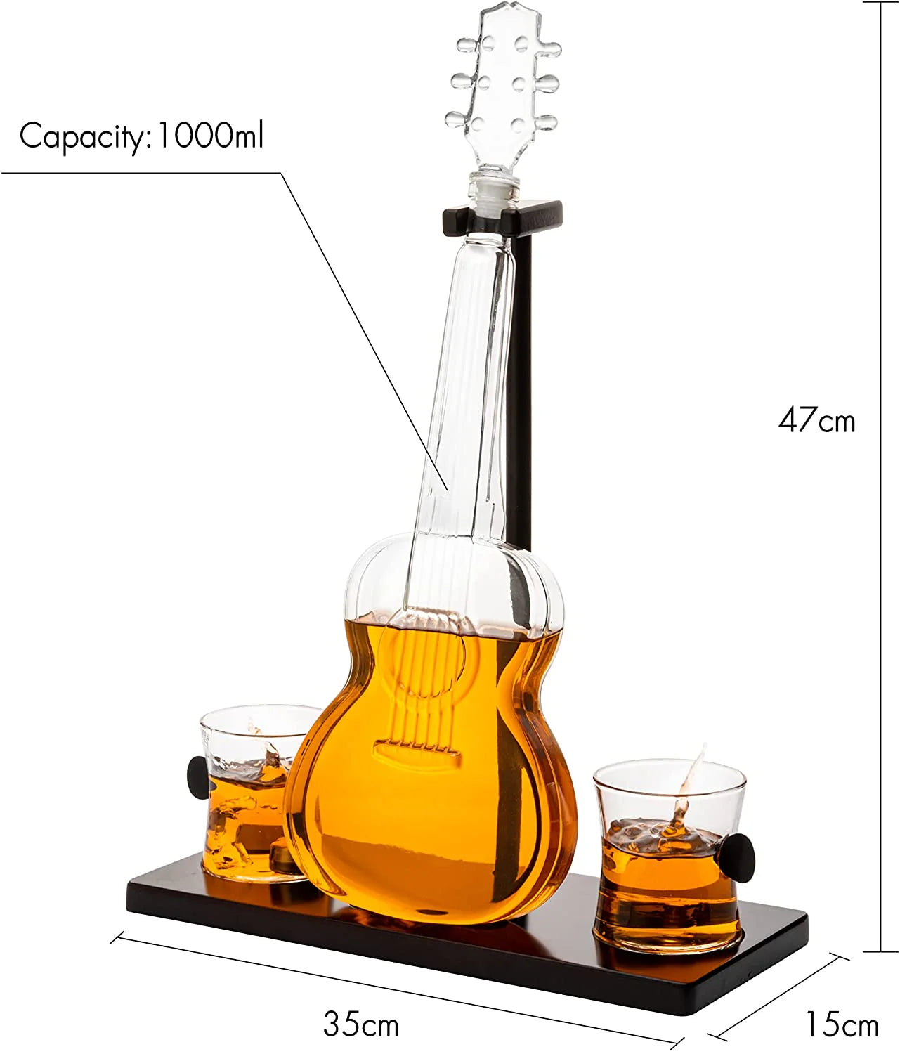 Guitar Whiskey & Wine Decanter & Mahogany Base - 1000 ML Glass Decanter with 2 10oz Glasses 14" For Whiskey Music Lover & Guitar Player Gifts Musician Music Lovers