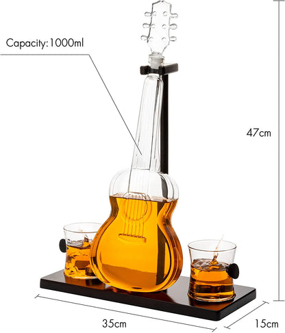 Guitar Whiskey & Wine Decanter & Mahogany Base - 1000 ML Glass Decanter with 2 10oz Glasses 14" For Whiskey Music Lover & Guitar Player Gifts Musician Music Lovers
