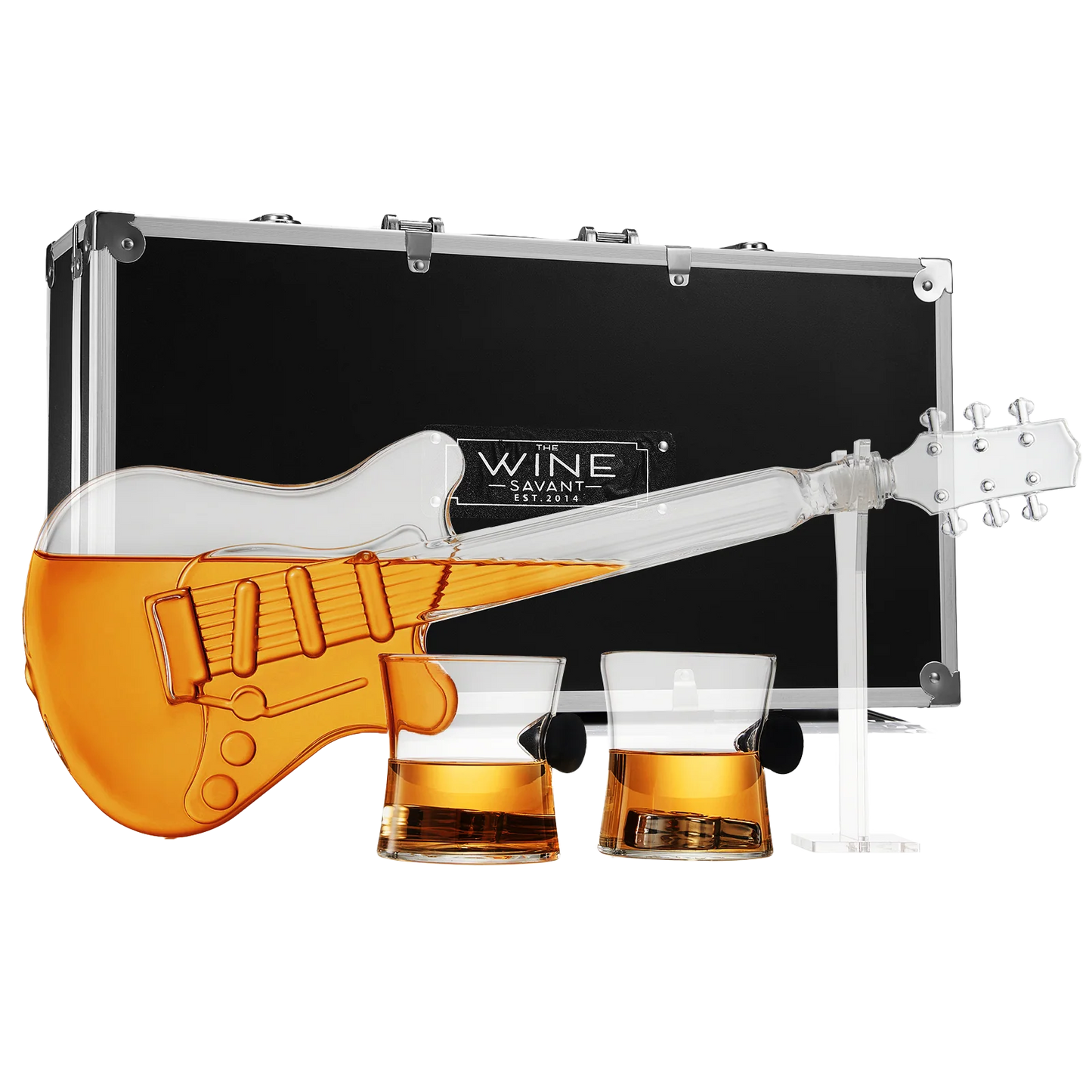 Electric Guitar Whiskey & Wine Decanter with 2 Pick Whiskey Glasses, Acrylic Stand & Case - 34 OZ Glass 16" L for Whiskey Music Lover & Rock N Roll Gifts Musician Music Lovers, Guitar Loves Gifts
