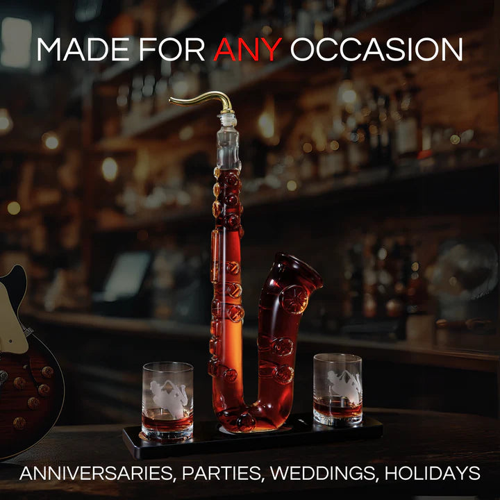 Saxophone Whiskey & Wine Decanter - 34 OZ Decanter Set with Two 10 Oz Whisky Glasses