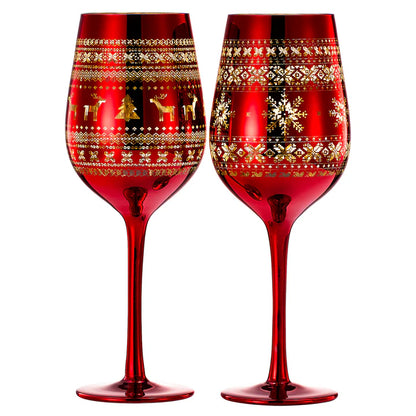 Crystal Christmas Tree Wine & Water Glasses - Set of 2 - Holiday Themed Red & Gold Etched