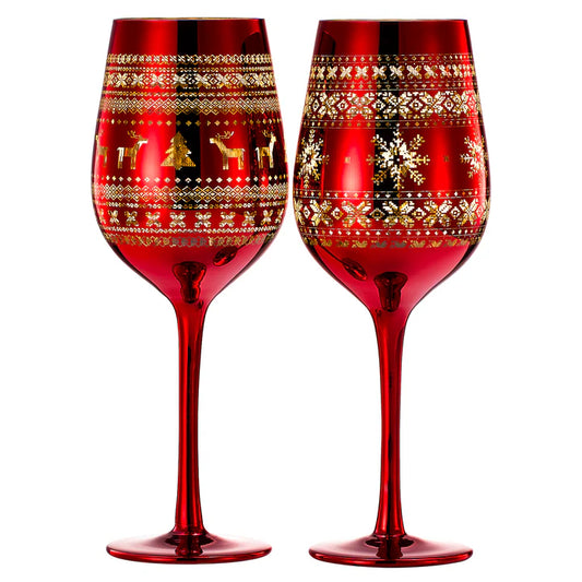 Crystal Christmas Tree Wine & Water Glasses - Set of 2 - Holiday Themed Red & Gold Etched