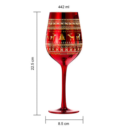Crystal Christmas Tree Wine & Water Glasses - Set of 2 - Holiday Themed Red & Gold Etched