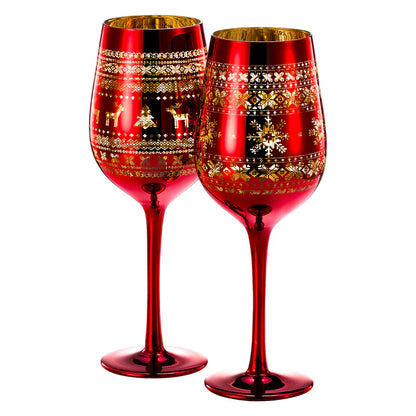 Crystal Christmas Tree Wine & Water Glasses - Set of 2 - Holiday Themed Red & Gold Etched