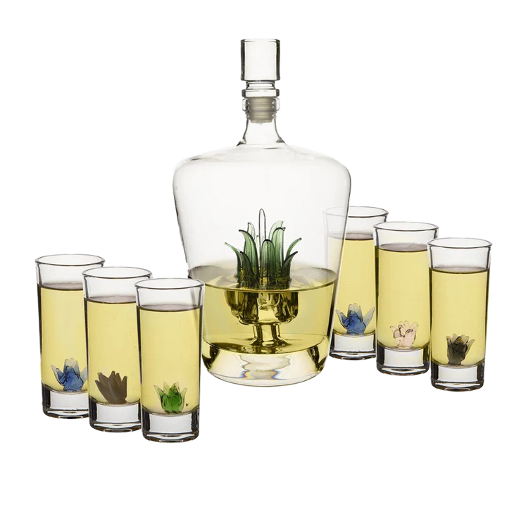 Tequila Decanter Tequila Glasses Set with Agave Decanter and 6 Agave Sipping Shot Glass