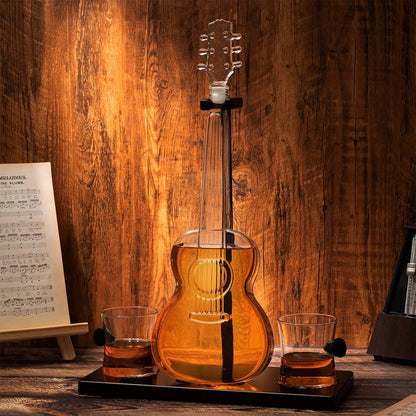 Guitar Whiskey & Wine Decanter & Mahogany Base - 1000 ML Glass Decanter with 2 10oz Glasses 14" For Whiskey Music Lover & Guitar Player Gifts Musician Music Lovers
