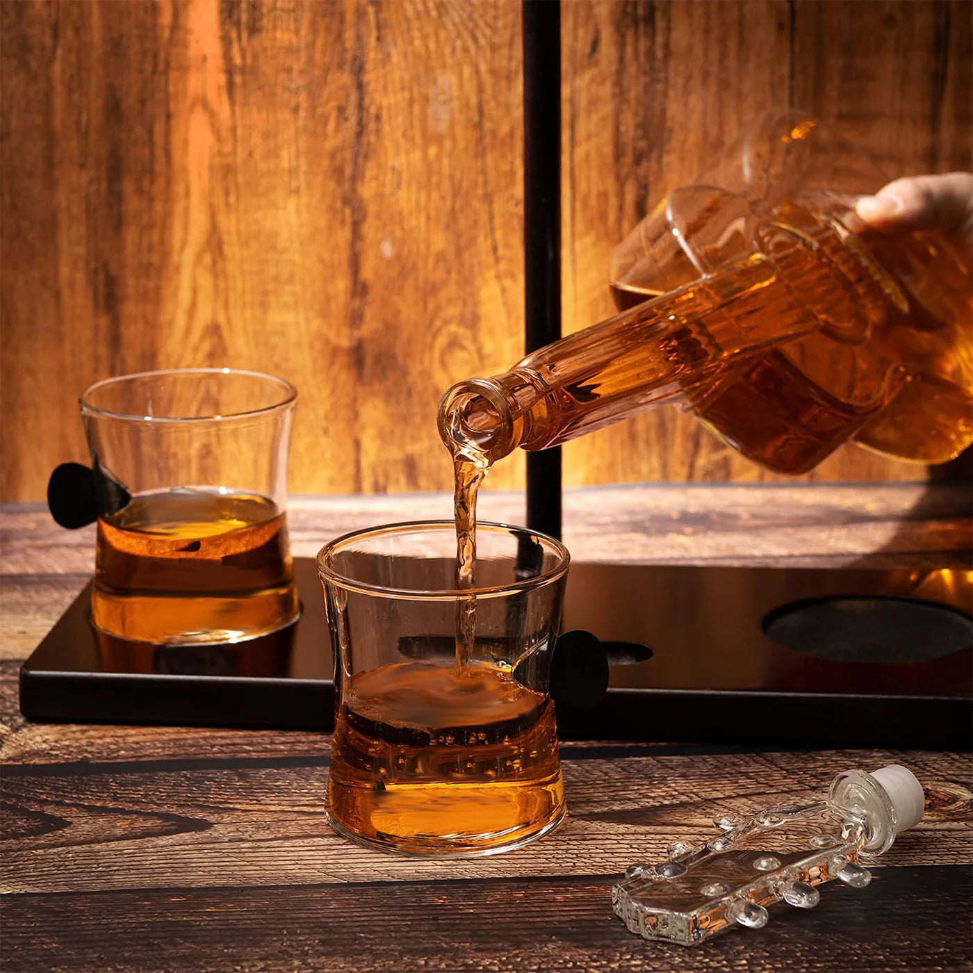 Guitar Whiskey & Wine Decanter & Mahogany Base - 1000 ML Glass Decanter with 2 10oz Glasses 14" For Whiskey Music Lover & Guitar Player Gifts Musician Music Lovers
