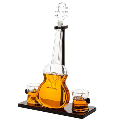 Guitar Whiskey & Wine Decanter & Mahogany Base - 1000 ML Glass Decanter with 2 10oz Glasses 14" For Whiskey Music Lover & Guitar Player Gifts Musician Music Lovers