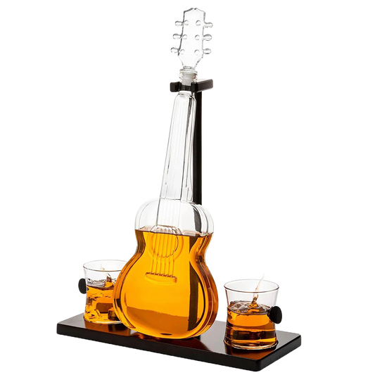 Guitar Whiskey & Wine Decanter & Mahogany Base - 1000 ML Glass Decanter with 2 10oz Glasses 14" For Whiskey Music Lover & Guitar Player Gifts Musician Music Lovers